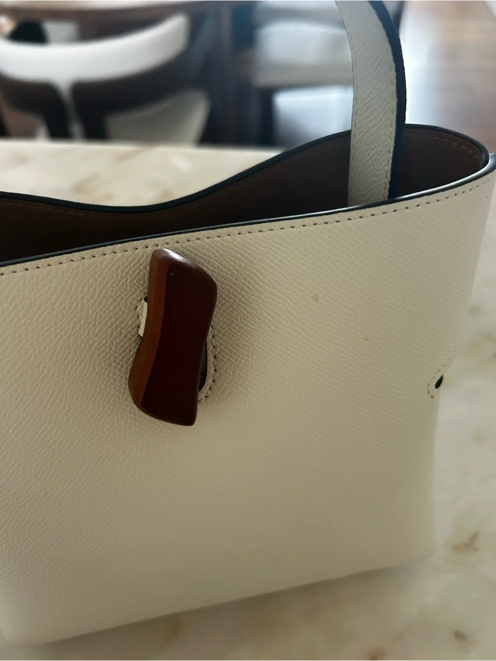 Cream Leather Top-Handle Tote with Brown Accent